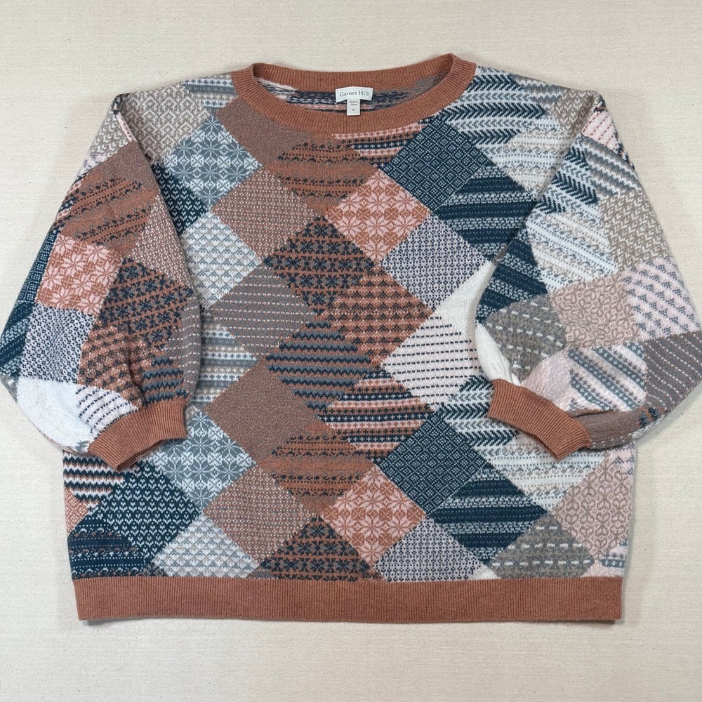 Garnet Hill 100% Cashmere Patchwork Fair Isle Sweater Multi Color Womens Medium